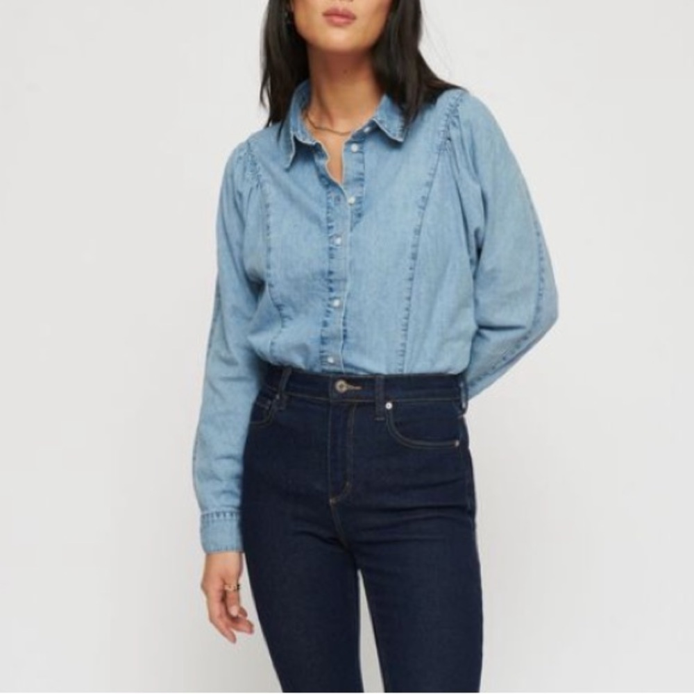DYNAMITE Vera Denim Western Chambray Blue Light Wash Blouse Shirt‎ Puff sleeve M